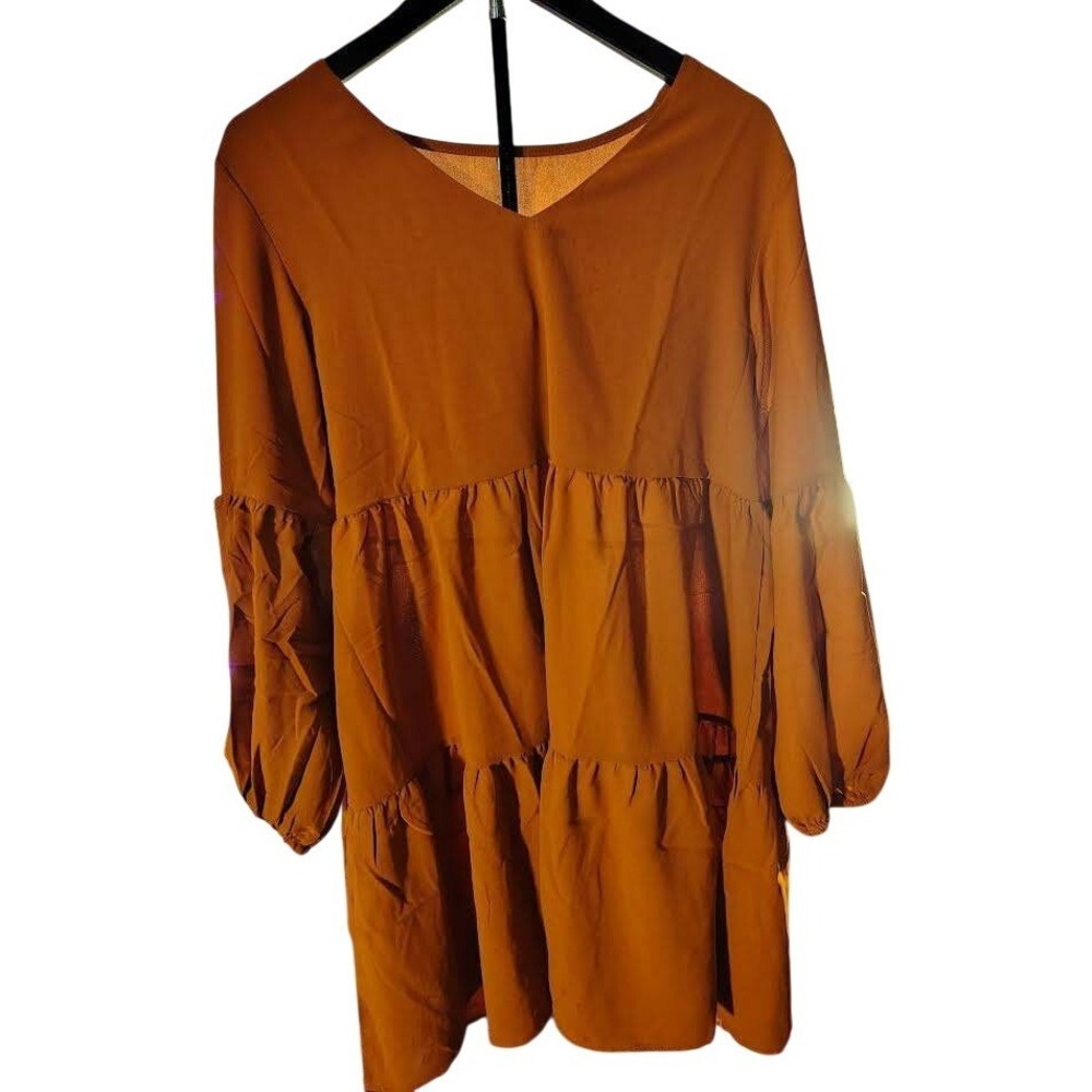 Womens Tiered Mini Dress Long Sleeve V Neck Casual Tan Size‎ L
